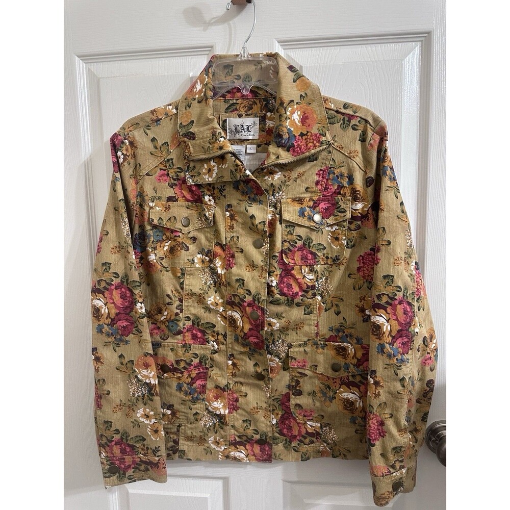 Live a Little Floral Tan Multicolor Zip Button Long Sleeve Jacket Size L